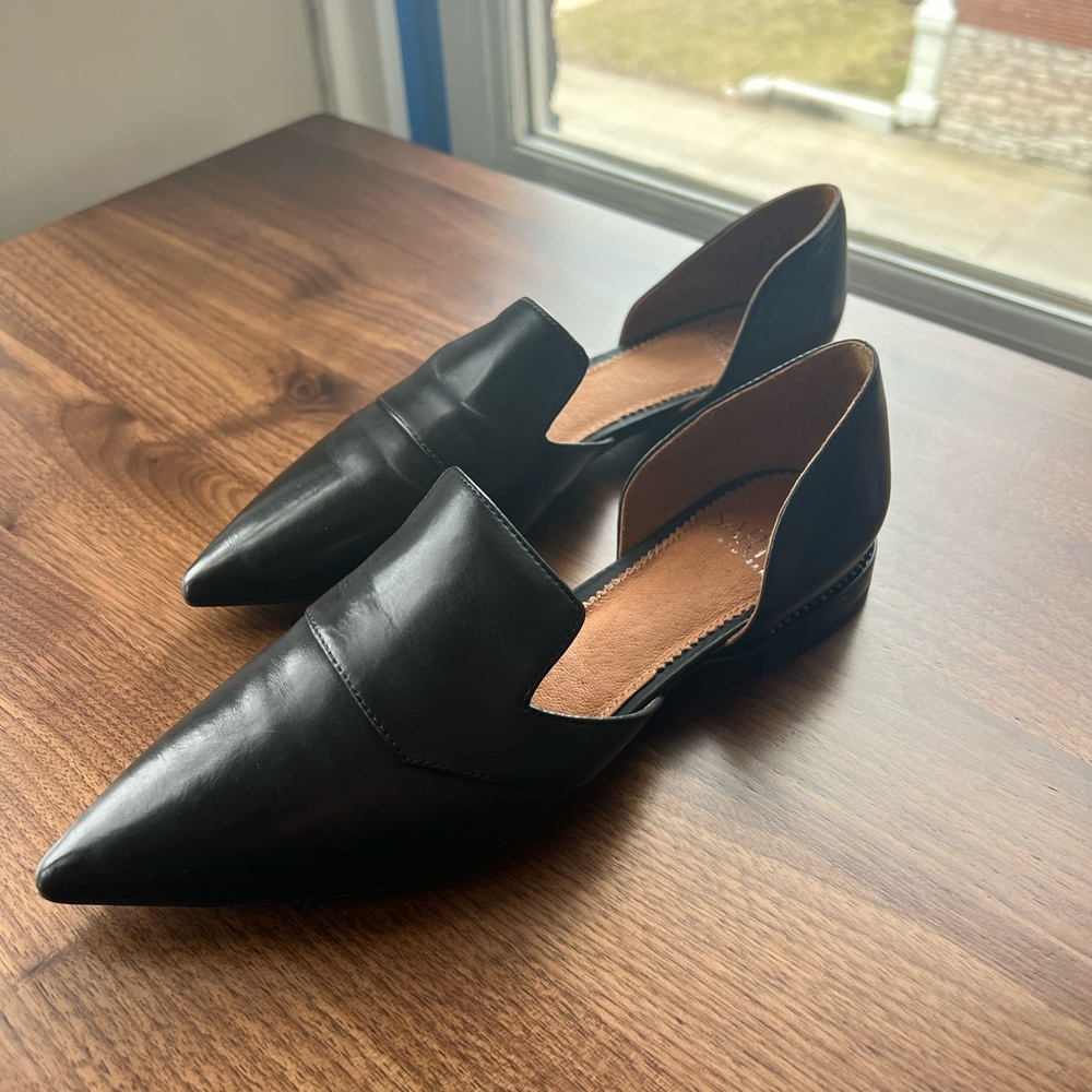 Franco Sarto, Toby pointed toe flat in black leather.